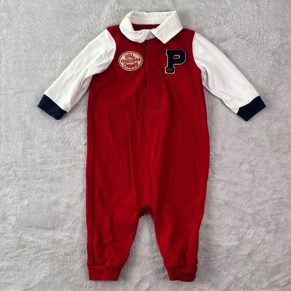 Ralph Lauren Baby One Piece Romper Sz 6M Red White Varsity Patch‎ Long Sleeve